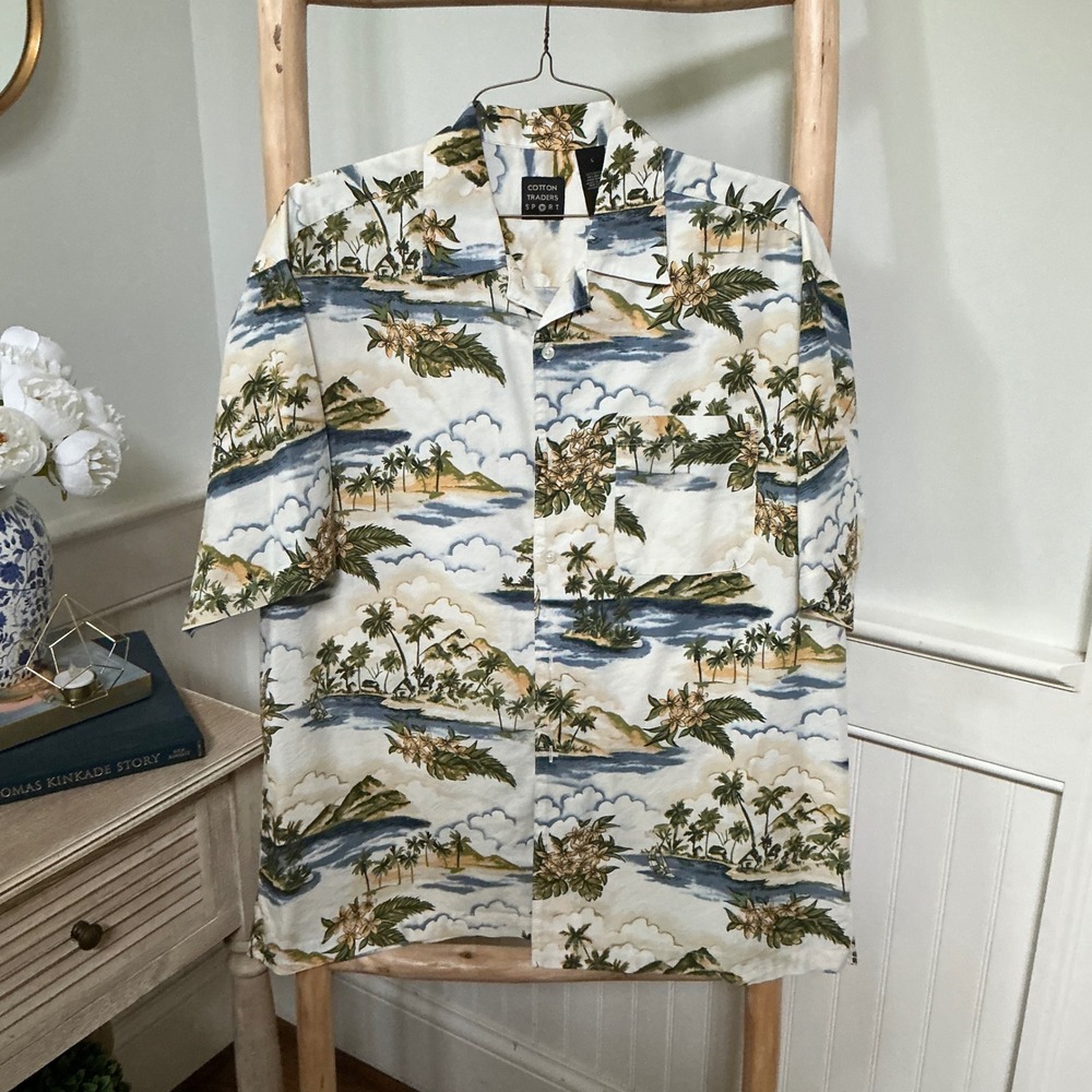 Cotton Traders Sport Mens Large Tropical Island Hawaiian Camp Shirt CB-P10 Cream